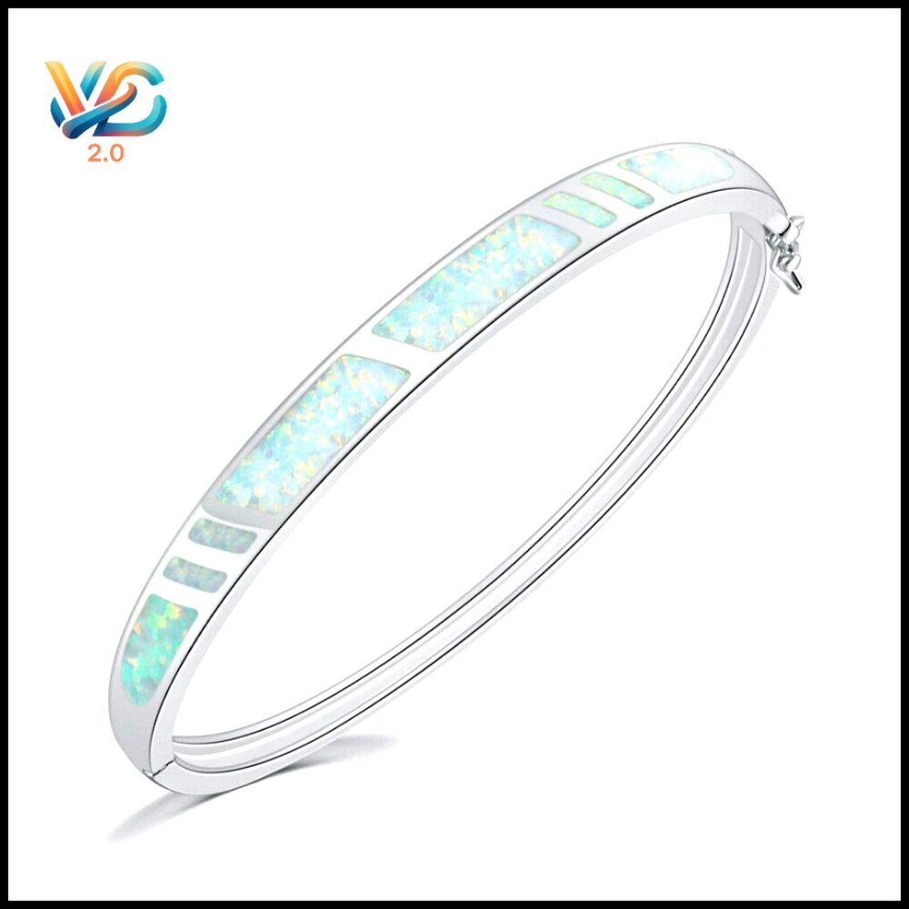 14k White Gold Plated Opal Bangle Bracelet, Hypoallergenic, 8.26 Inch